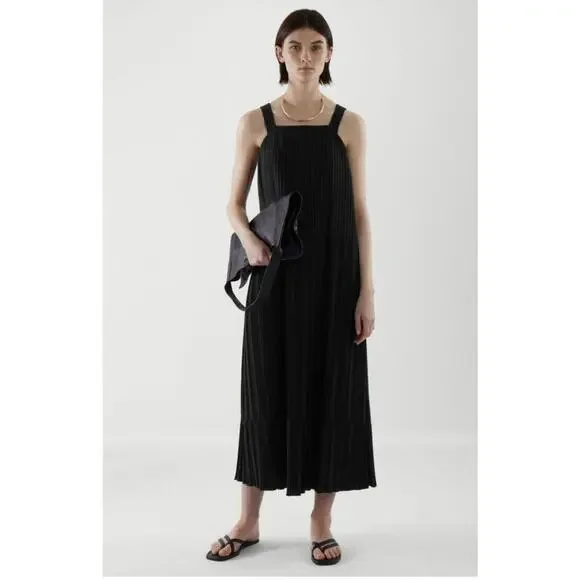 COS Women’s Maxi Dress Size 6 Black Pleated Minimalist Modern Cotton Blend Long - Picture 2 of 15